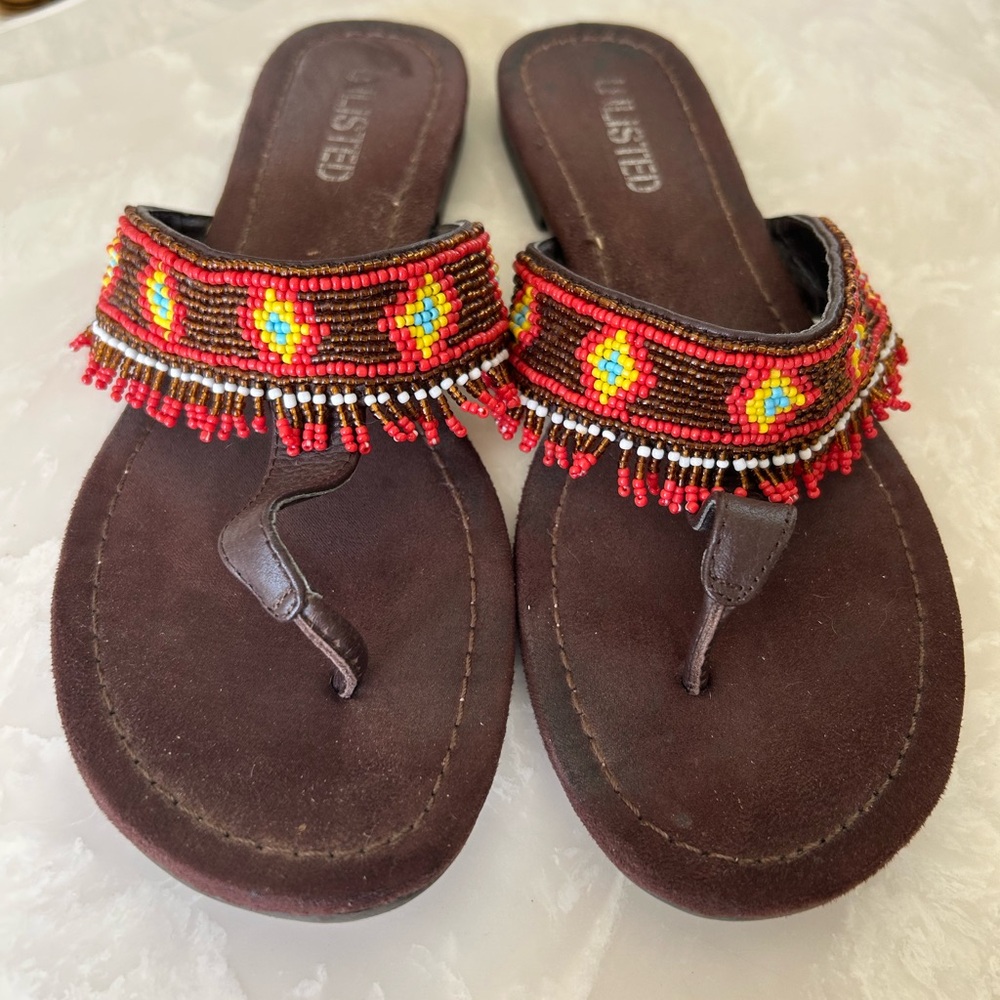 Beaded Leather Thong Sandals by Unlisted, Multi Colors, Sz 7.5, Great Condition!